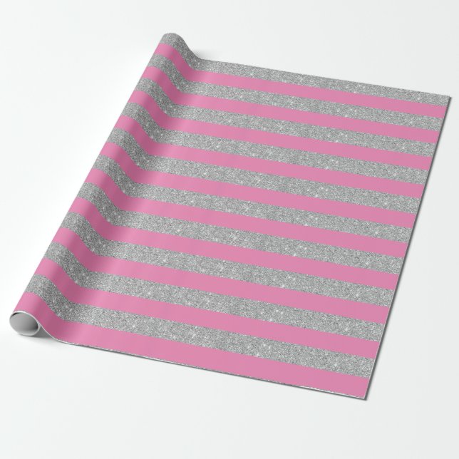 Rosa och silver glitterränder inslagspapper presentpapper (Utrullad)
