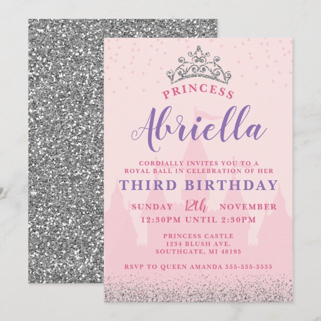 Rosa och Silver Princess Birthday bjudande Inbjudningar (Fram/baksida)
