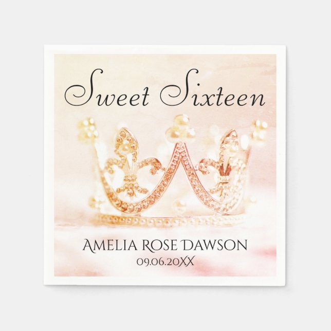Rosa och Silver Princess Krona Sweet sixteen Napki Pappersservett (Framsidan)