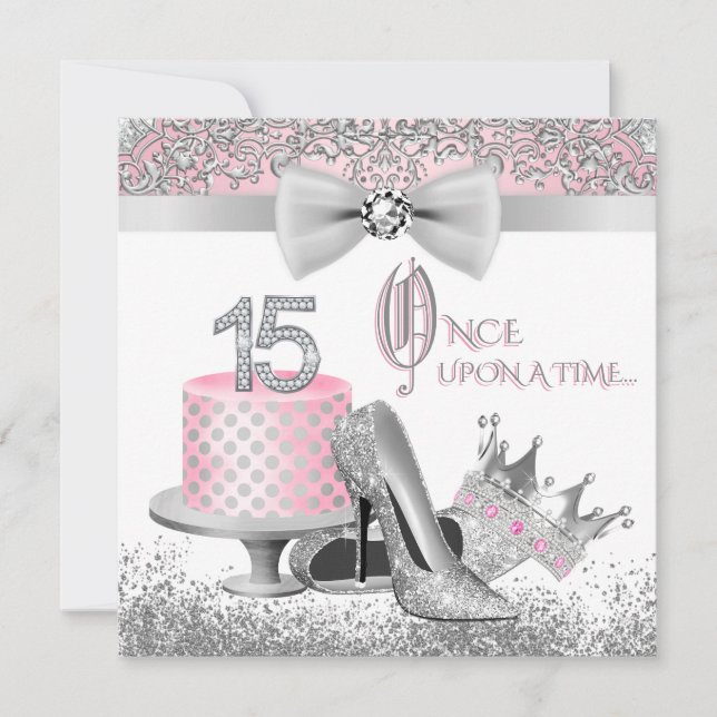 Rosa och Silver Quinceanera Prinsessa 15-årsdag Inbjudningar (Framsida)