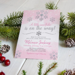 Rosa och silver snöflinga baby shower inbjudan