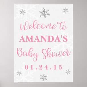 Rosa och Silver Snöflinga Baby Shower Välkomstskyl Poster