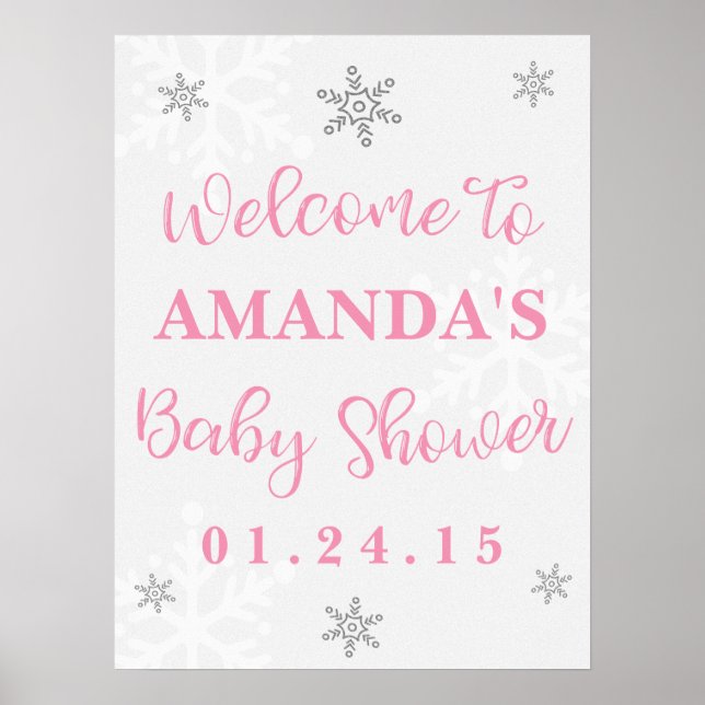 Rosa och Silver Snöflinga Baby Shower Välkomstskyl Poster (Framsidan)