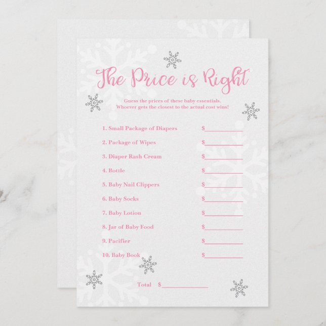 Rosa och Silver Snöflinga Prisjakt Spelet Inbjudningar (Fram/baksida)