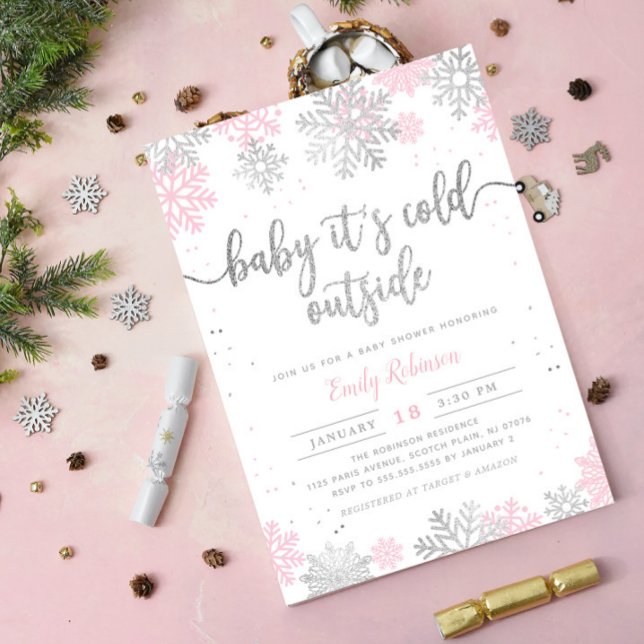 Rosa och silver snöflinga Vinterflicka Baby Shower Inbjudningar (Skapare uppladdad)