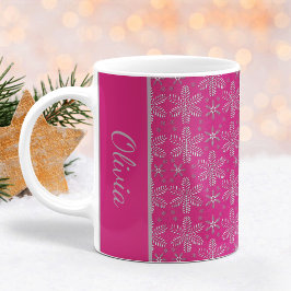 Rosa och Silver Snöflingor Mugg jul med Namn