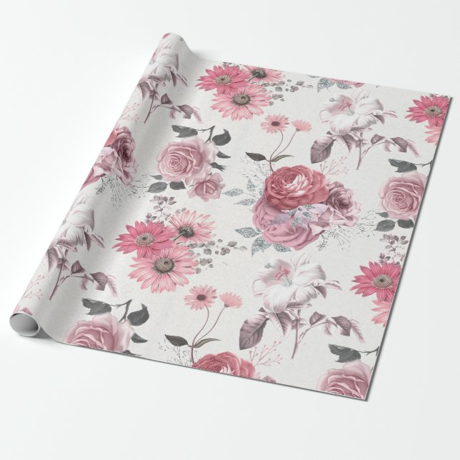 Rosa och silverblommig presentpapper (Utrullad)