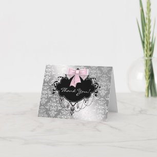 Rosa och silverdamast tackkort