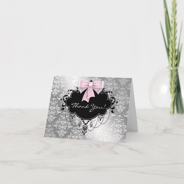 Rosa och silverdamast tackkort (Framsida)