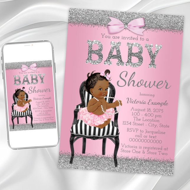 Rosa och silvergrå etniskt flicka bebisfest inbjudningar (Cute pink silver baby shower invitation. Instant download and printed invitations available.)