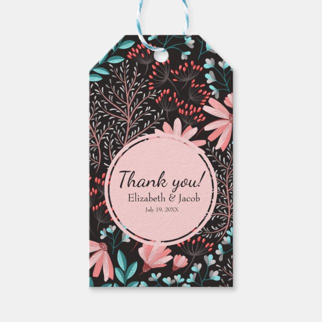Rosa och skalbar Mörk Blommigt Bröllop Tack Presentetikett (Framsidan)