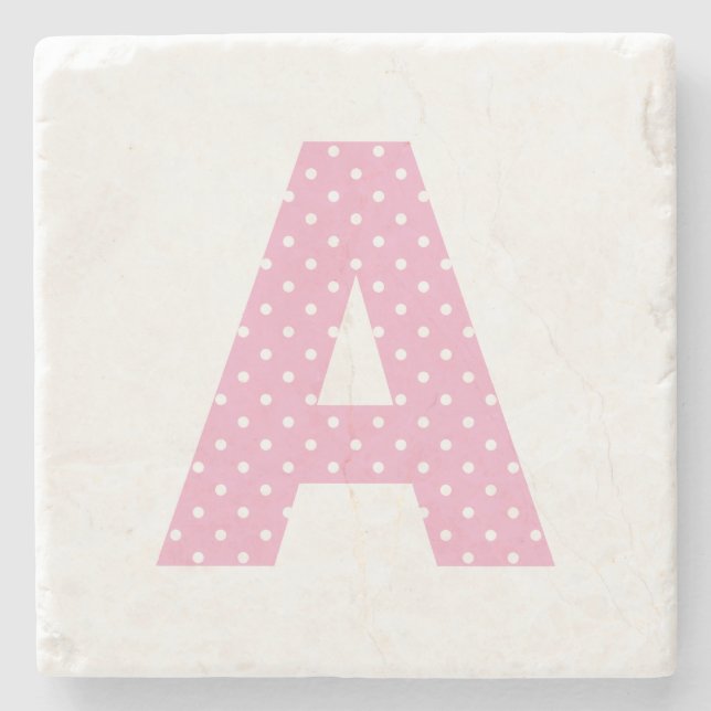 Rosa och små vita prickar djärva A monogram Stenunderlägg (Framsidan)