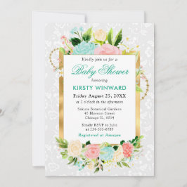 Rosa och sommarblommor, guldfärgad babyskor inbjudningar