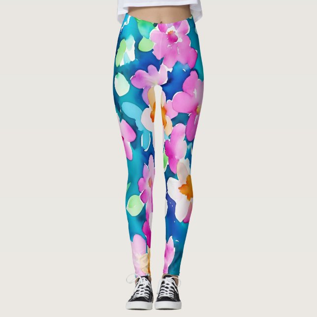 Rosa och Söt vattenfärgsblommor Leggings (Framsida)