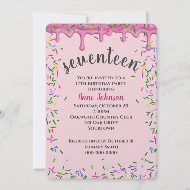 rosa och sprinkler 17:e födelsedagsdagen inbjudningar (Framsida)