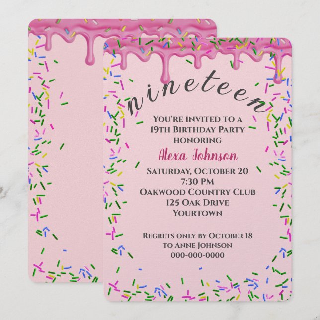 rosa och sprinkler 19:e födelsedag inbjudningar (Fram/baksida)