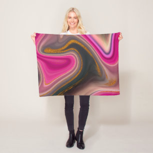 Rosa och svart Abstrakt med Guld Swirls Fleecefilt