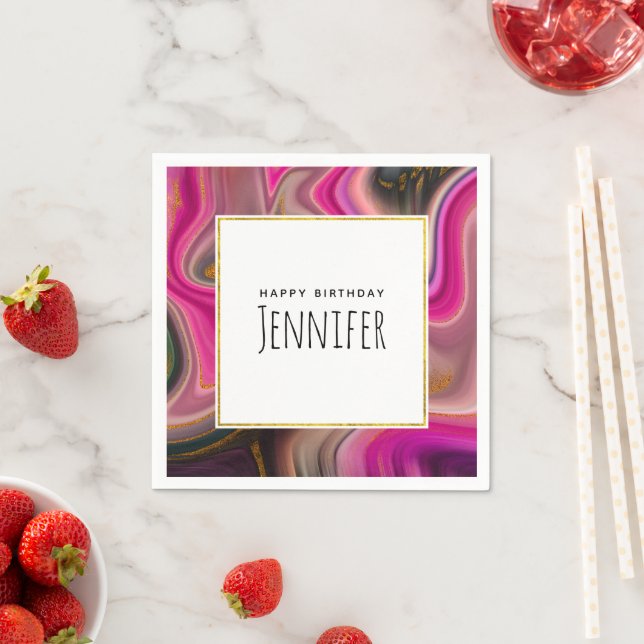 Rosa och svart Abstrakt med Guld Swirls-födelsedag Pappersservett (Insitu)