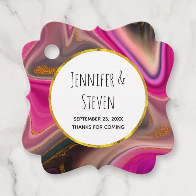 Rosa och svart Abstrakt med Guld Swirls Gåvor Etiketter (Framsida)