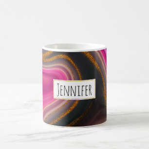 Rosa och svart Abstrakt med Guld Swirls Kaffemugg