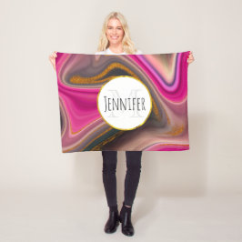 Rosa och svart Abstrakt med Guld Swirls Monogram Fleecefilt
