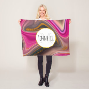 Rosa och svart Abstrakt med Guld Swirls Monogram Fleecefilt