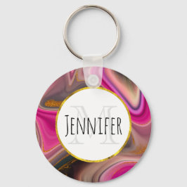Rosa och svart Abstrakt med Guld Swirls Monogram Nyckelring