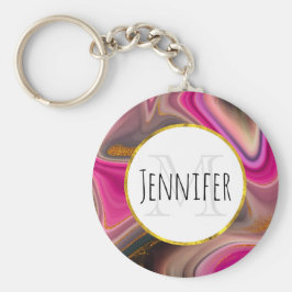 Rosa och svart Abstrakt med Guld Swirls Monogram Nyckelring