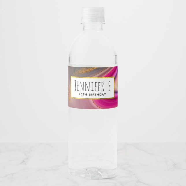 Rosa och svart Abstrakt med Guld Swirls Party Vattenflaskor Etikett (Framsida)