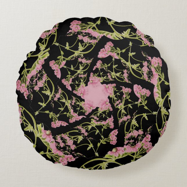 Rosa och svart Achillea fractal art Rund Kudde (Framsidan)