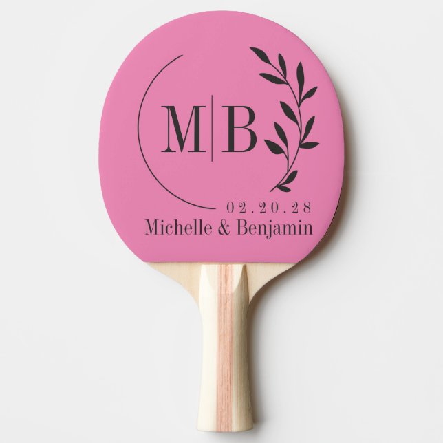 Rosa och svart blad vigselmonogram pingisracket (Framsidan)