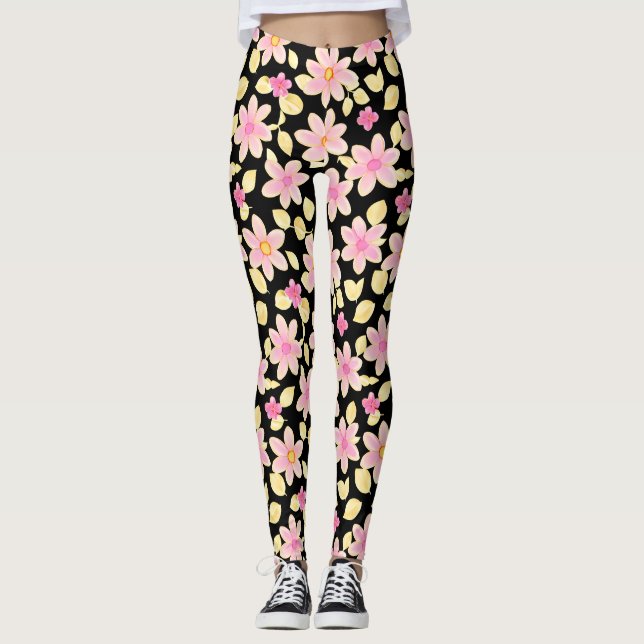 Rosa och svart blomman Mönster Leggings (Framsida)