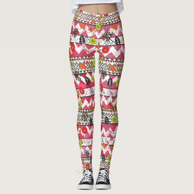 Rosa och svart Blommigt Aztec Mönster Leggings (Framsida)