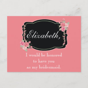 Rosa och svart Blommigt Bridesmaid Frieri Vykort