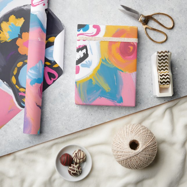 Rosa och svart Blommigt Dia de Muertos Presentpapper (Hantverk)