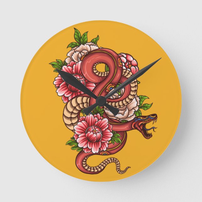Rosa och svart Blommigt Dragon på Rund Klocka (Framsida)