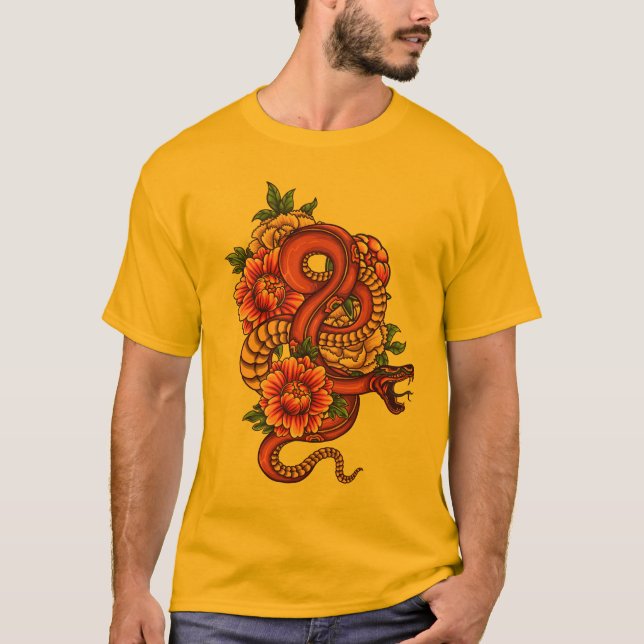 Rosa och svart Blommigt Dragon på T Shirt (Framsida)