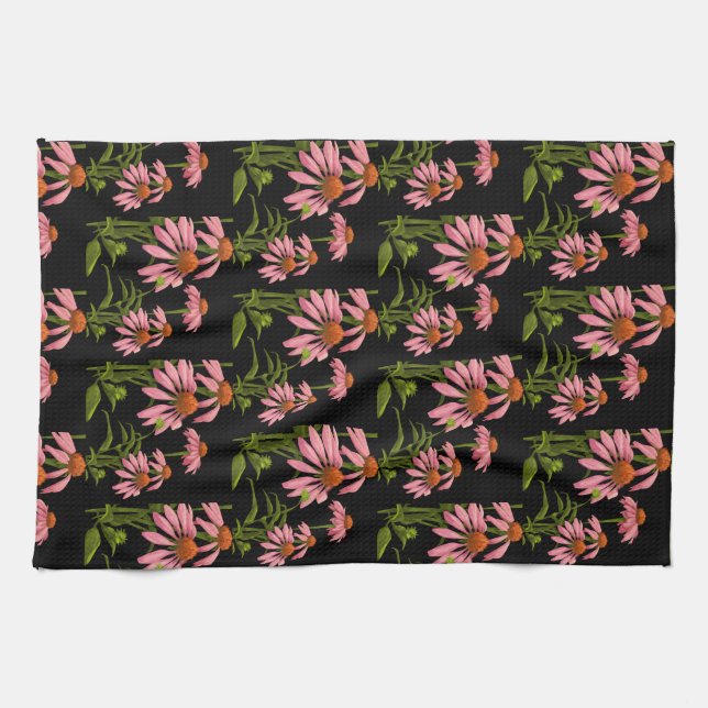 rosa och svart blommigt kökshandduk (Horisontell)