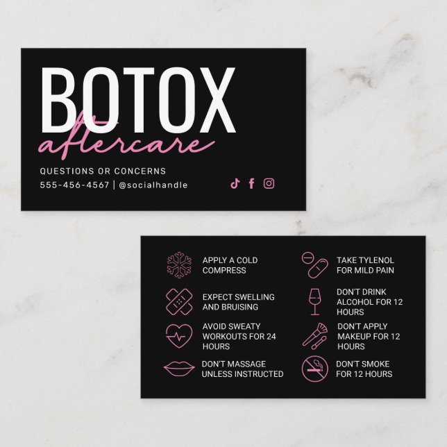 Rosa och svart Botox-efterföljningskort Visitkort (Fram/baksida)