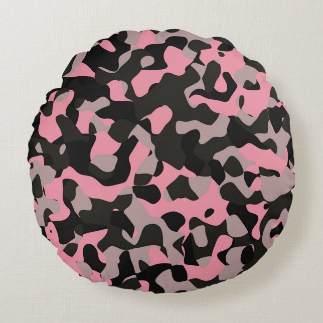 Rosa och svart Camo Rund Kudde (Framsidan)