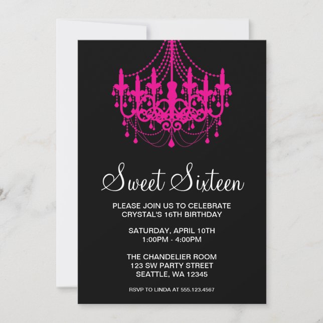 Rosa och svart Chandelier-Sweet sixteen Inbjudningar (Framsida)
