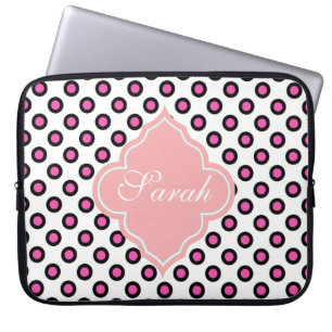 rosa och svart cirkeln polka dots monogram laptop fodral