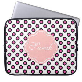 rosa och svart cirkeln polka dots monogram laptop sleeve