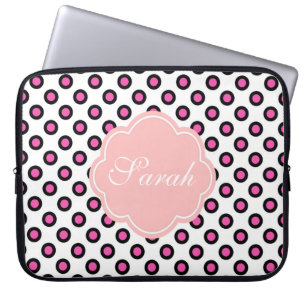 rosa och svart cirkeln polka dots monogram laptop sleeve