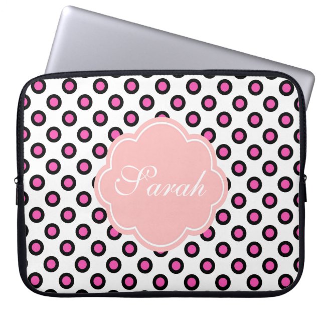rosa och svart cirkeln polka dots monogram laptop sleeve (Framsidan)