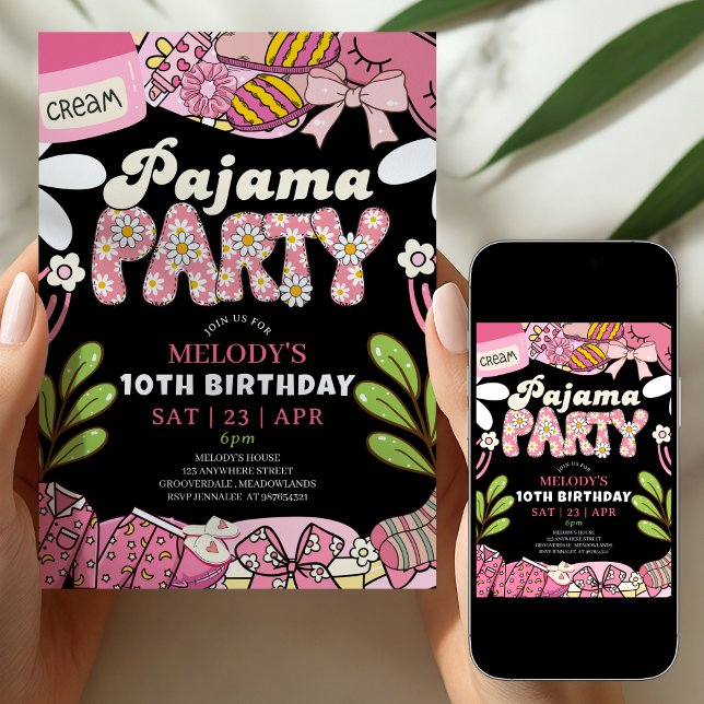 Rosa och svart Daisy Pyjamasparty Födelsedagsfiran Inbjudningar (Skapare uppladdad)