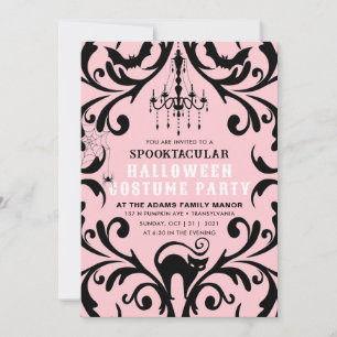 Rosa och svart Damask Glam Halloween Costume Party Inbjudningar