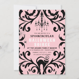 Rosa och svart Damask Glam Halloween Soiree Inbjudningar