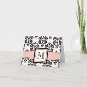 Rosa och svart damastast Monogrammed noterar kort