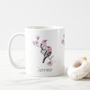 Rosa och svart fåglar vid Träd Gren Kaffemugg